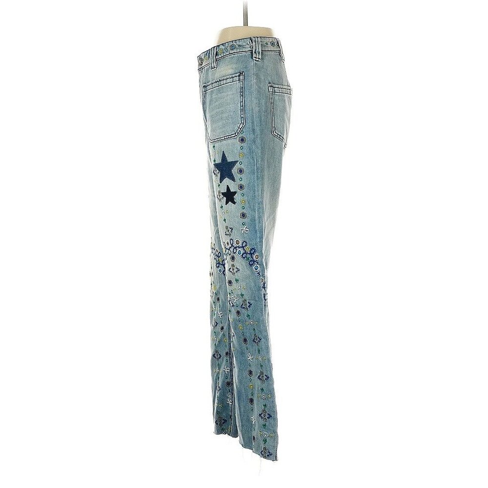 Free People Embroidered Denim Star & Floral Flared Leg High Rise Jeans | Boho 25 - Picture 6 of 16